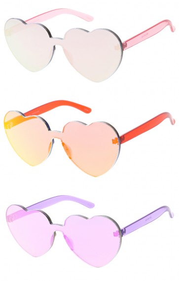 One Piece Lens Rimless Ultra Bold Reflective Mono Block Heart Shaped Wholesale Sunglasses