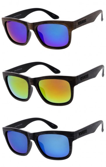 Men's KUSH Faux Wood Horn Rimmed Square Mirrored Lens Wholesale Sunglasses