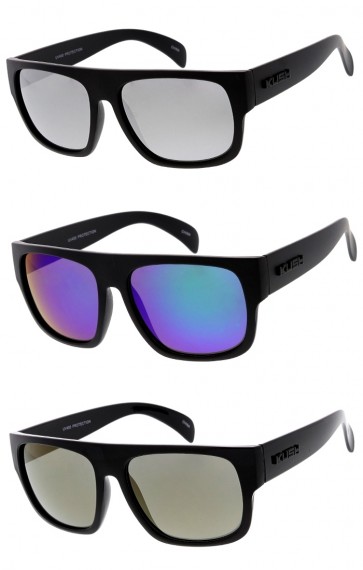 Men's KUSH Flat Top Horn Rimmed Mirrored Lens Wide Arm Wholesale Sunglasses
