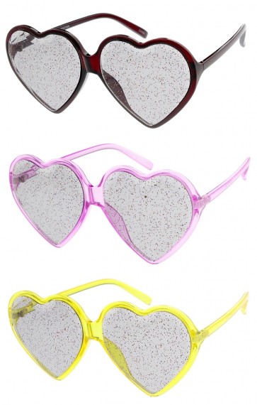 Women's Oversize Translucent Glitter Heart Smoke Lens Wholesale Sunglasses