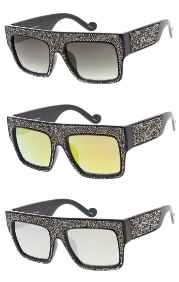 Oversize Rhinestone Horn Rimmed Flat Top Square Lens Wholesale Sunglasses