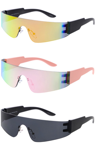 Lightweight Sleek Futuristic Cyberpunk Flat Top Mirrored Lens Shield Wholesale Sunglasses 85mm