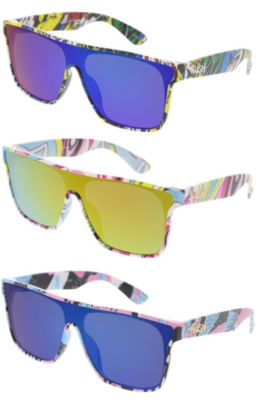 KUSH Comic Book Manga Anime Inspired Plastic Monolens Shield Horn Rimmed Square Wholesale Sunglasses