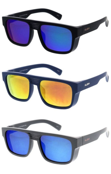 KUSH Sleek Shutter Style Blinds Nosebridge Mirrored Lens Square Horn Rimmed Wholesale Sunglasses