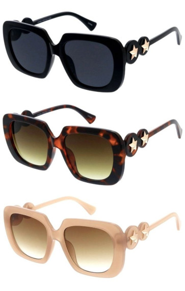 Double Star Metal Detail Thick Rimmed Square Wholesale Sunglasses