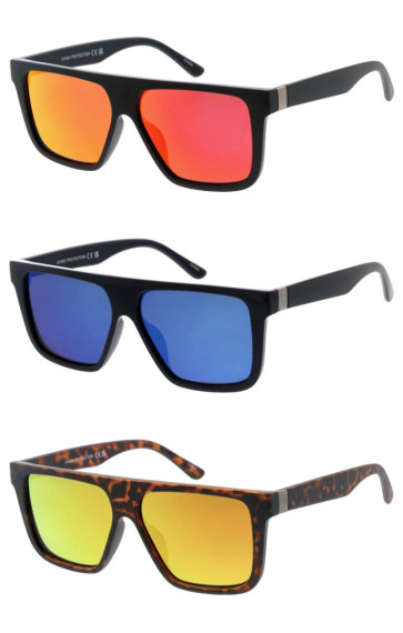 Old School Retro Flat Top Metal Accent Mirrored Lens Geometric Square Aviator Wholesale Sunglasses
