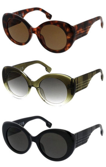 Oversized Chunky Thick Rimmed Plaid Style Textured Arm Oval Round Wholesale Sunglasses
