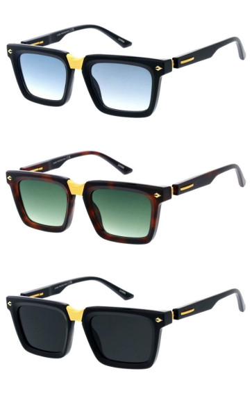 Retro Thick Rimmed Gold Accent Nosebridge Aviator Horn Rimmed Square Wholesale Sunglasses