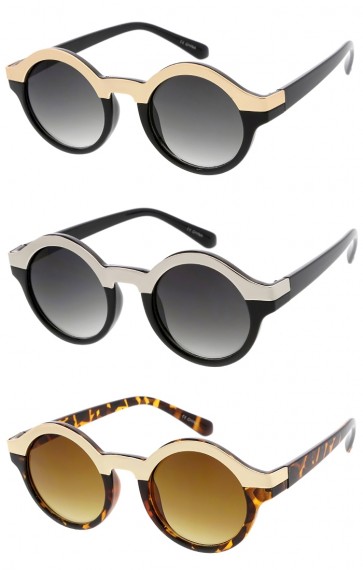 Women's Metal Accent Horn Rimmed Gradient Round Lens Wholesale Sunglasses
