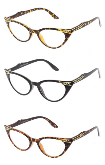 Elegant 50's Vintage Fashion Rhinestone Cat Eye Blue Light Filter Clear Lens Wholesale Sunglasses
