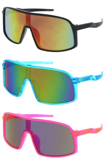 Kids Neon Mirrored Lens Crystal Translucent Frame Active Wraparound Sporty Shield Boys Wholesale Sunglasses