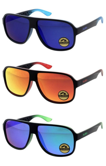 KUSH Polarized Mirrored Lens Flat Top Two Tone Active Sporty Square Aviator Wholesale Sunglasses