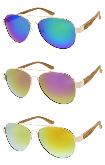 Classic Mirrored Thin Metal Crossbar Frame Wooden Arms Aviator Wholesale Sunglasses