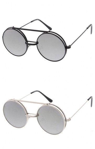 Retro Metal Round Flip Up Mirrored Flat Lens Wholesale Sunglasses