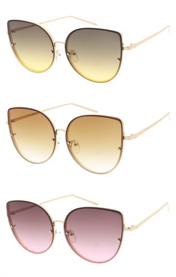 Women's Oversize Rimless Metal Cat Eye Gradient Flat Lens Wholesale Sunglasses