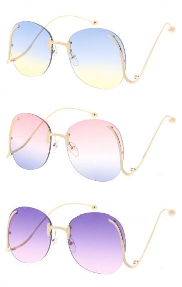 Women's Oversize Round Rimless Color Tinted Curved Arms Lens Whole Sunglasses