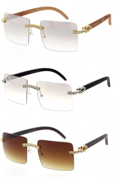 Luxury Fashion Large Square Lens Rhinestones Decorated Rimless Wholesale Sunglasses 56mm  (New Release)