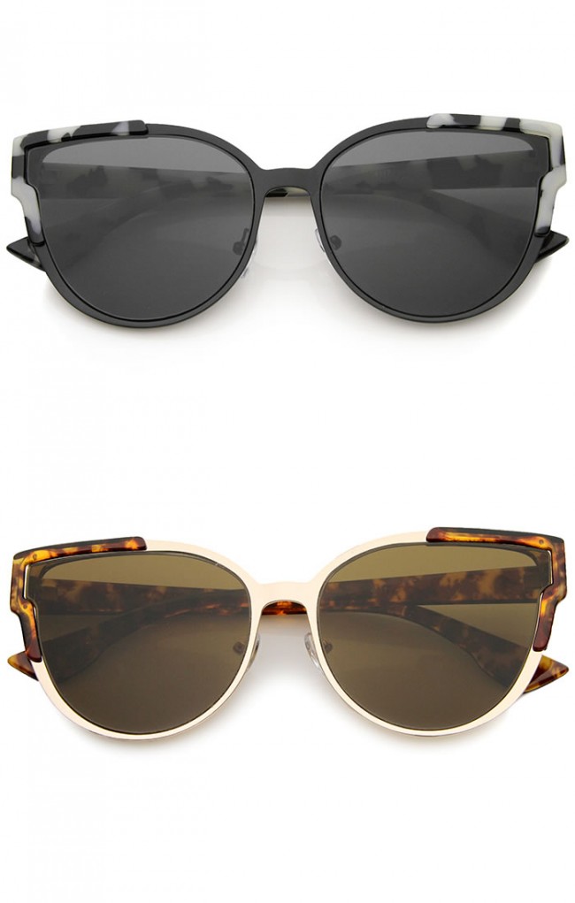 Women s Semi Rimless Metal Frame Flat Lens Cat Eye Sunglasses 56mm