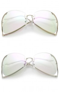 Women's Rimless Curved Metal Arms Round Blue Light Filter Clear Lens Oversize Eyeglasses 67mm