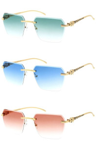 Luxury Feline Leopard Spotted Metal Jaguar Detail Arm Rimless Bevelled Hexagon Geometric Wholesale Sunglasses