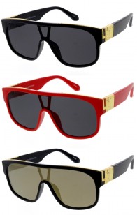 Billionaire Neutral Lens Quality Metal Accent Flat Top Shield Wholesale Sunglasses 62mm