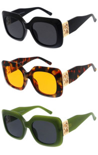 Luxury Chunky Thick Rimmed Gold Plate Temple Detail Rounded Square Wholesale Sunglasses