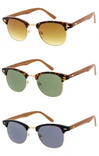 Small Premium Wooden Arms Black Gold Half Frame Browline Wholesale Sunglasses