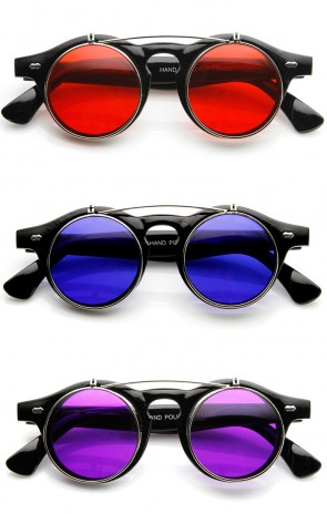 Retro Steampunk Round Color Tint Flip-Up Lens Sunglasses