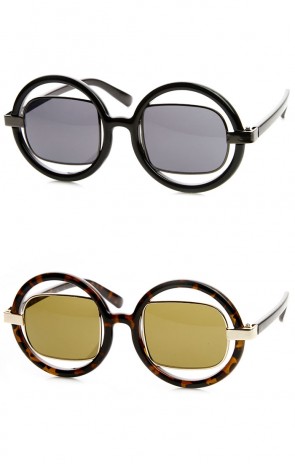 Oversized Round Frame w/ Metal Square Tinted Lens Fashion Sunglasses