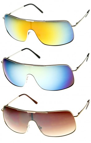 Color Mirror Single Lens Metal Wraparound Shield Sunglasses