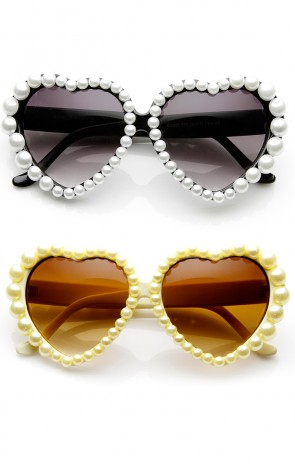 Heart Shaped Full Pearl Decorated Frame Oversized Sunglasses