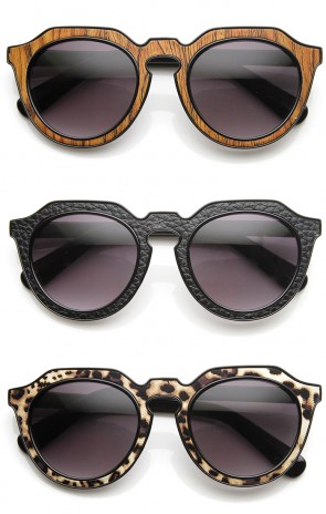 High Fashion Block Cut Pattern Print Keyhole Round Sunglasses