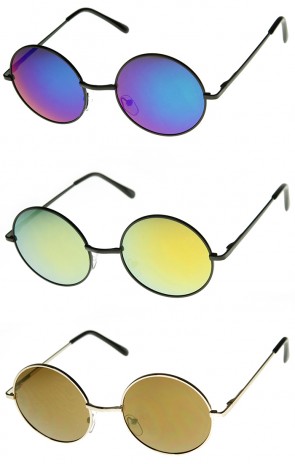 Mid Sized Lennon Style Mirror Lens Metal Round Sunglasses