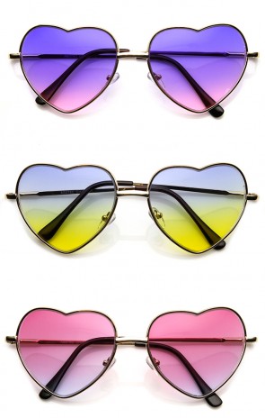 Womens Fashion Metal Color Tint Lens Heart Shaped Sunglasses