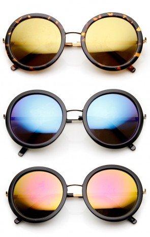 Womens Retro Glam Color Mirror Lens Round Sunglasses