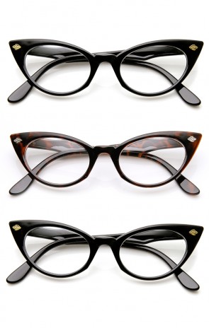 Womens Fashion 60's Era Leaf Accent Clear Lens Cat Eye Glasses