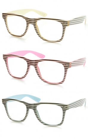 Two-Tone Pastel Striped Clear Lens Horn Rimmed Eye Glasses