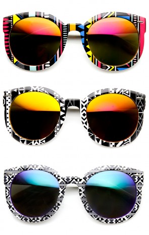 Womens Oversized Native Print Color Mirror Lens Round Sunglasses
