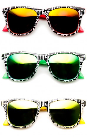 Native Print Two-Tone Color Mirror Lens Horn Rimmed Sunglasses