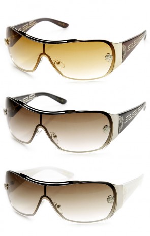 High Fashion Ornate Lion Wraparound Shield Frame Sunglasses