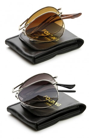 Folding Compact Fold-Up Pocket Metal Aviator Sunglasses + Case
