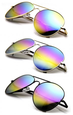 Classic Metal Tear Drop Rainbow Mirrored Lens Aviator Sunglasses