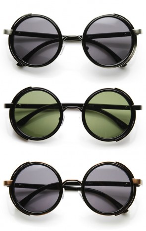Studio Cover Faux Leather Side Shield Steampunk Round Sunglasses
