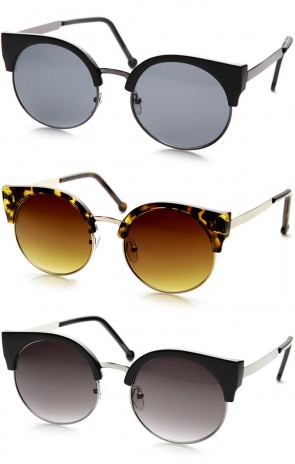 Classic Round Half Frame Metal Temple Circle Cat Eye Sunglasses