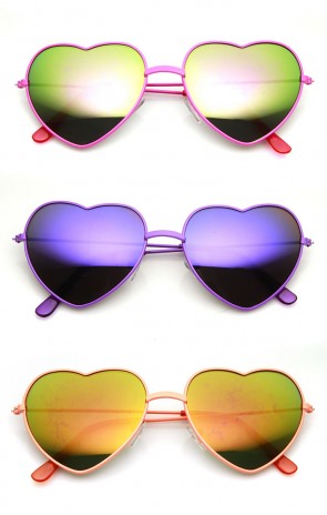 Womens Color Coated Full Metal Frame Color Mirror Heart Shape Sunglasses