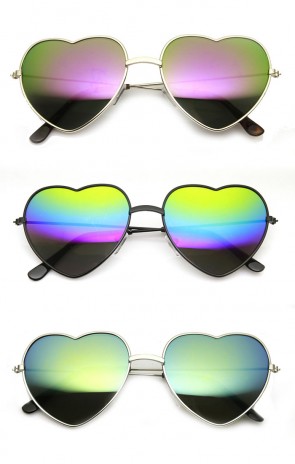 Womens Thin Metal Frame Color Mirror Lens Heart Shape Sunglasses