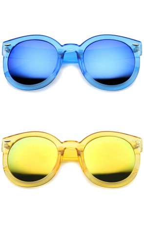 Bold Transparent Frame Color Mirror Oversize Lens Round Sunglasses 53mm