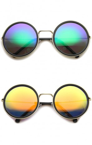 Retro Metal Frame Thin Temple Color Mirror Lens Round Sunglasses 55mm