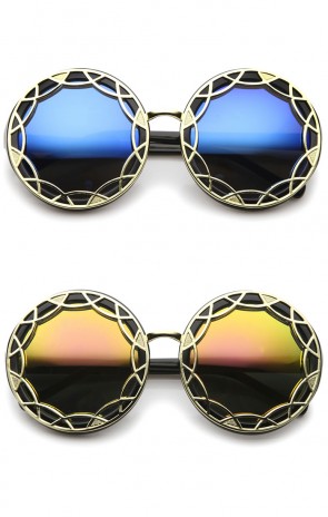 Women's Oversize Ornate Flat Pattern Color Mirror Lens Round Sunglasses 55mm