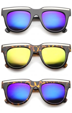 Retro Metal Accent Color Mirror Lens Horn Rimmed Oversize Sunglasses 50mm